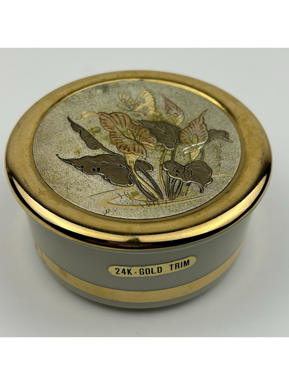 Vintage Himark The Art of Chokin Japan 24K Gold Trim Calla Lily Trinket Box B187
